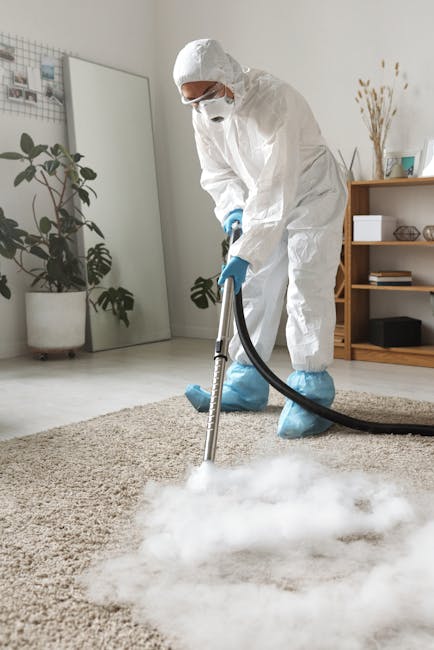 A professional in full protective equipment, including a white hazmat suit, face mask, gloves, and blue shoe covers, performing deep cleaning or sanitisation on a beige carpet in a modern living room.