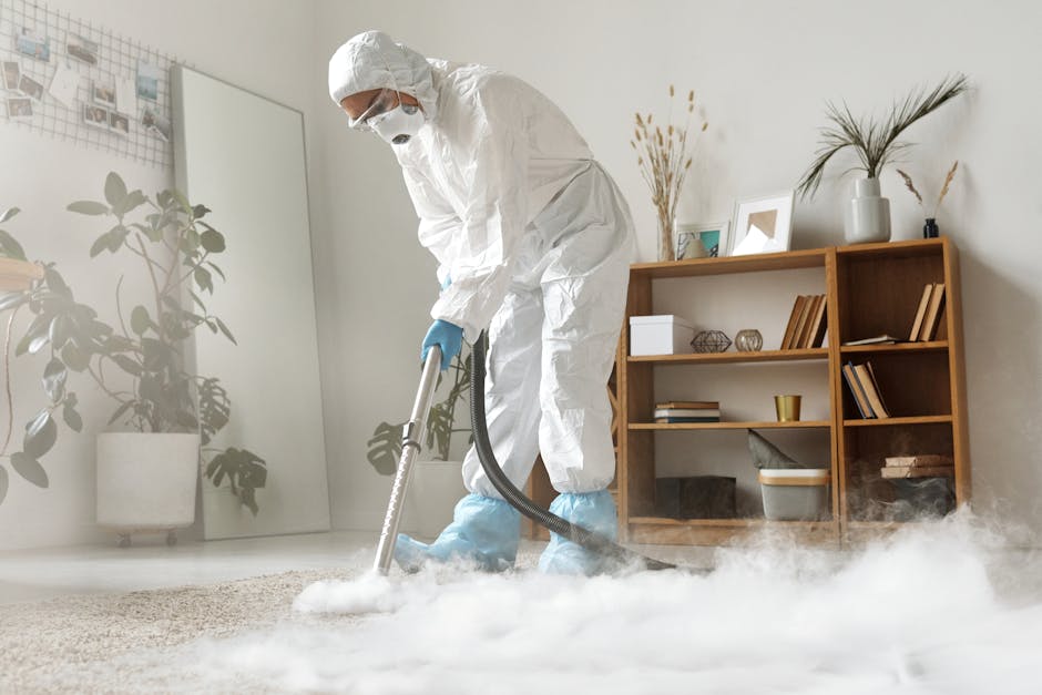 A professional in full protective equipment, including a white hazmat suit, face mask, gloves, and blue shoe covers, performing deep cleaning or sanitisation on a beige carpet in a modern living room.